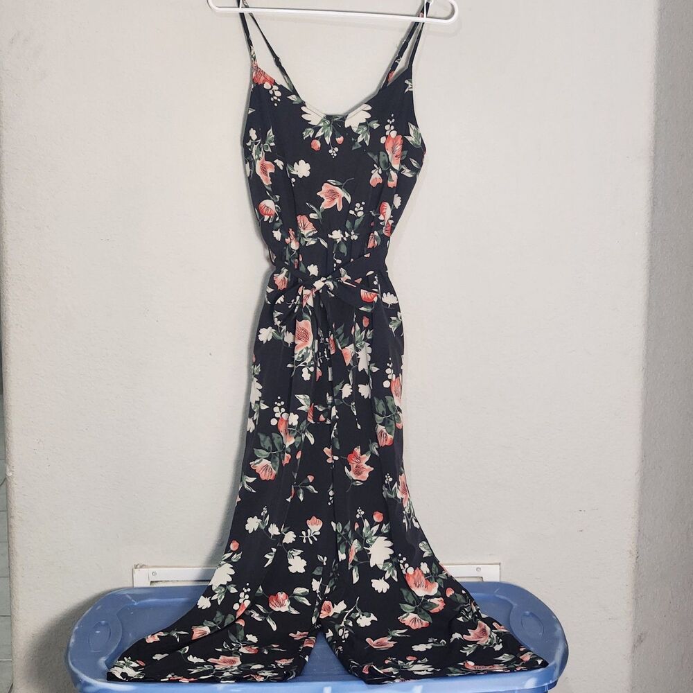 Alredine Floral Wide Leg Jumpsuit Womens Small Navy Pink Sleeveless Belted